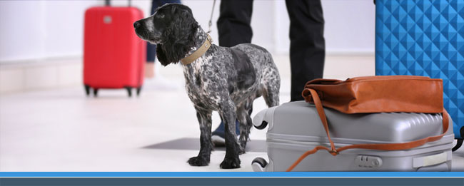 Ein Cocker Spaniel wartet  am Flughafen neben einem Koffer auf seine Abfertigung